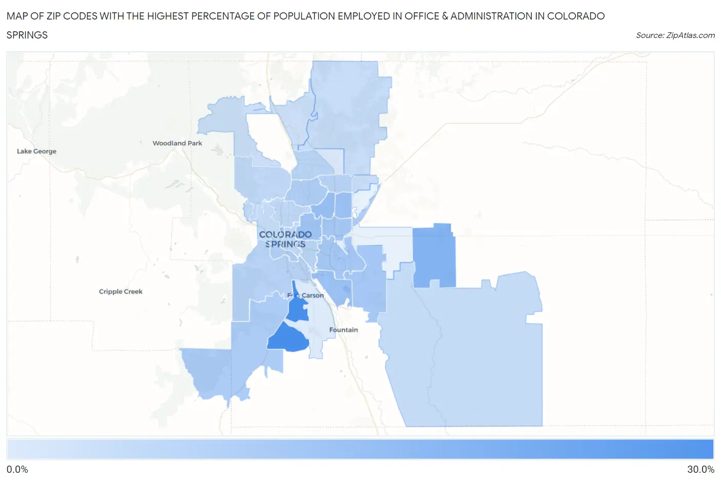 Zip Codes with the Highest Percentage of Population Employed in Office & Administration in Colorado Springs Map