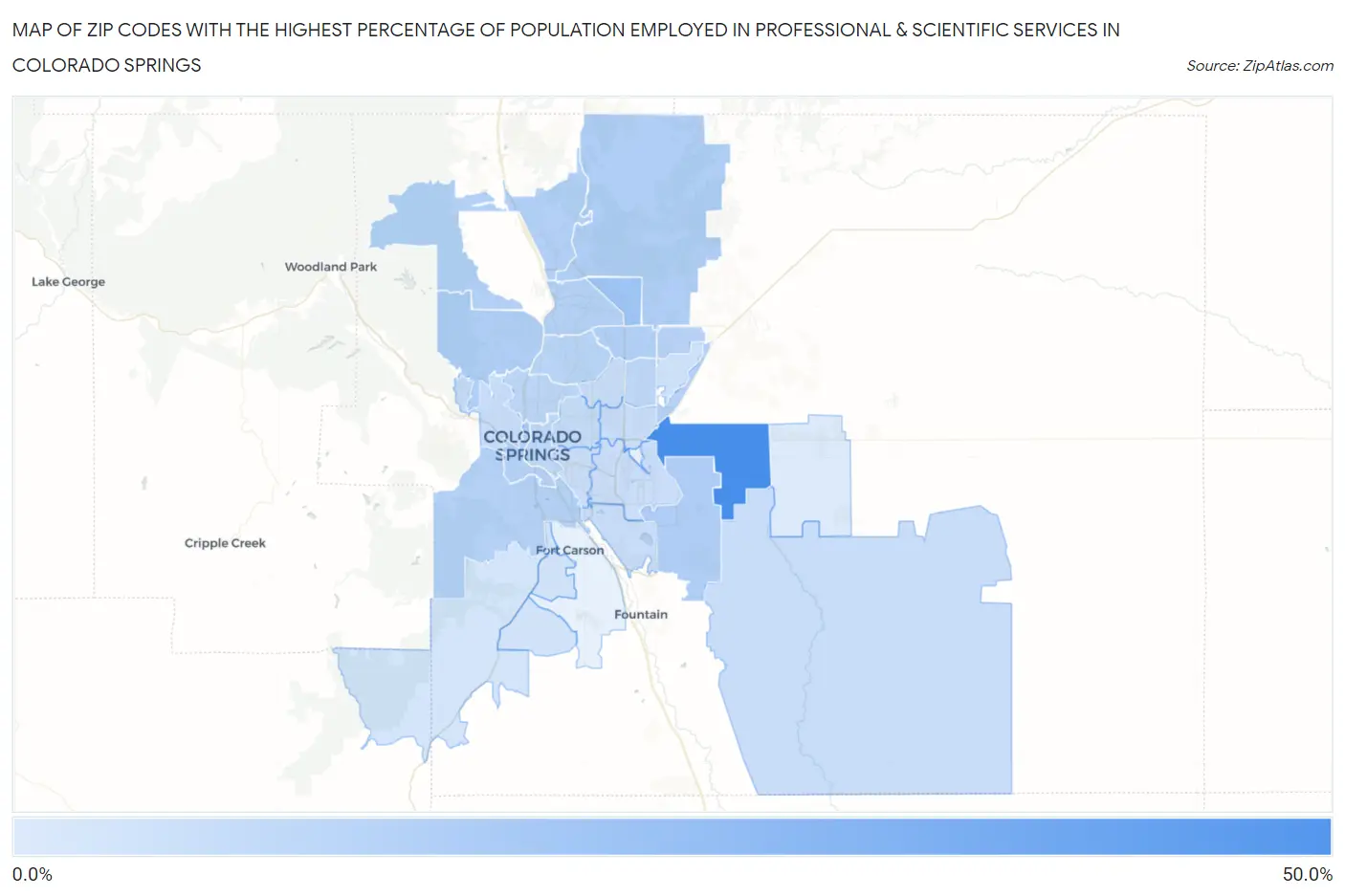 Zip Codes with the Highest Percentage of Population Employed in Professional & Scientific Services in Colorado Springs Map