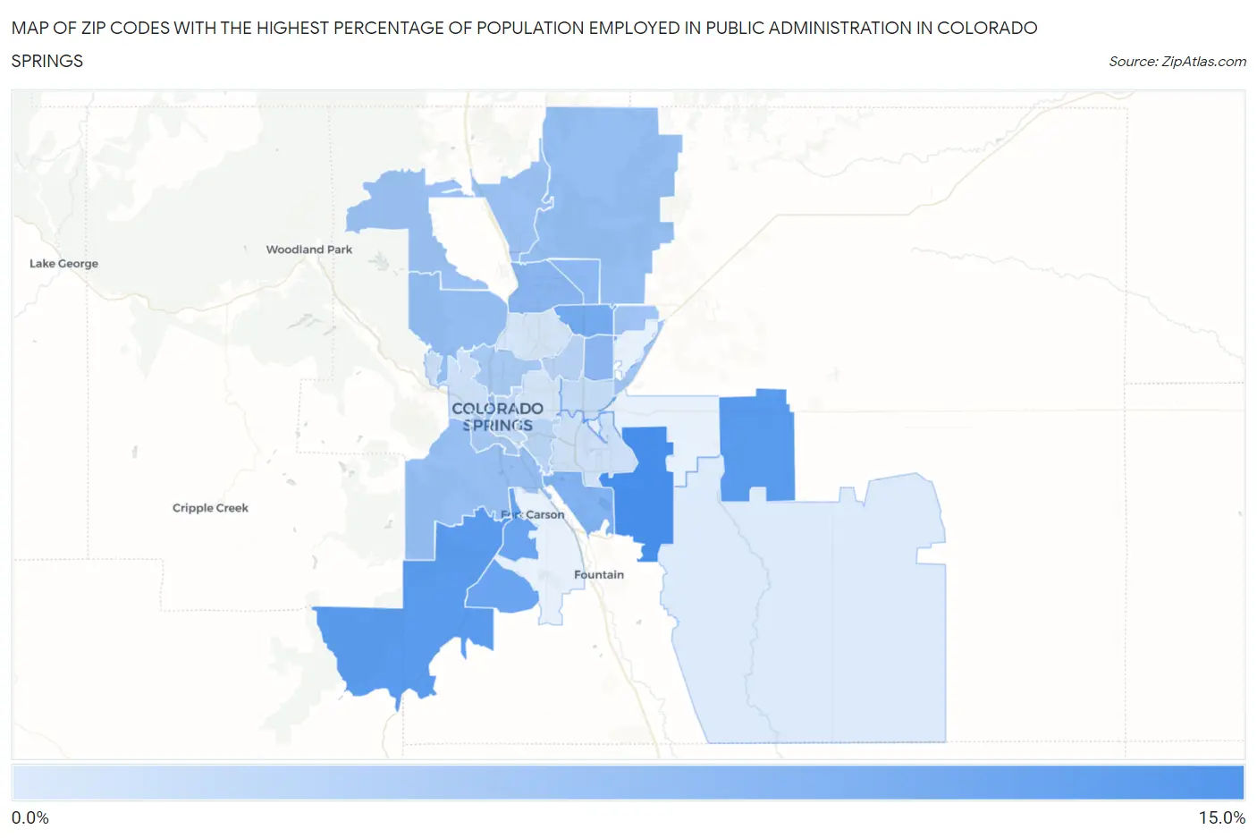Zip Codes with the Highest Percentage of Population Employed in Public Administration in Colorado Springs Map