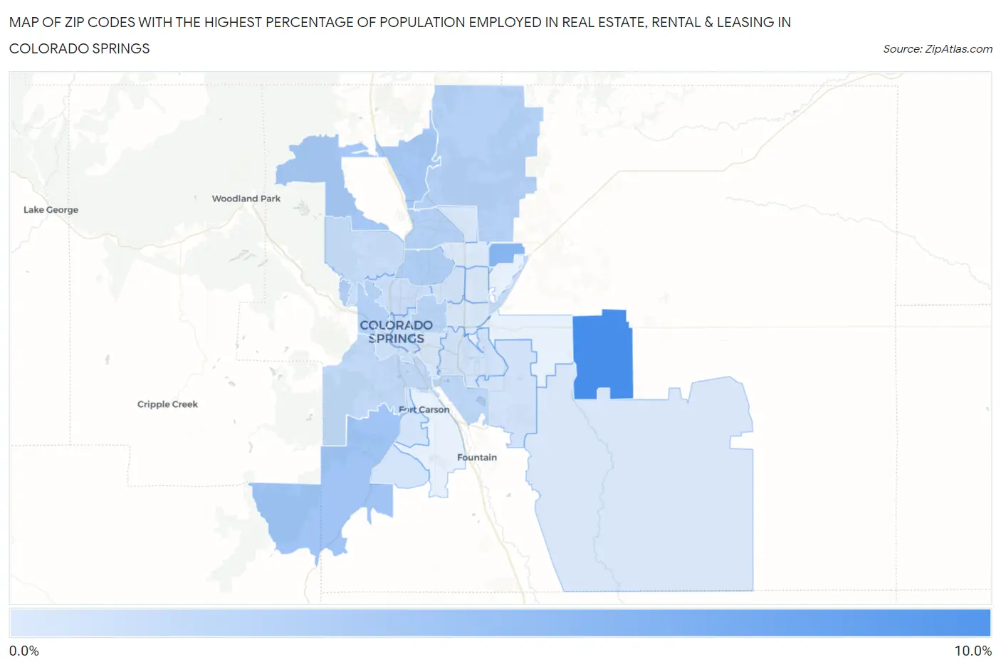 Zip Codes with the Highest Percentage of Population Employed in Real Estate, Rental & Leasing in Colorado Springs Map