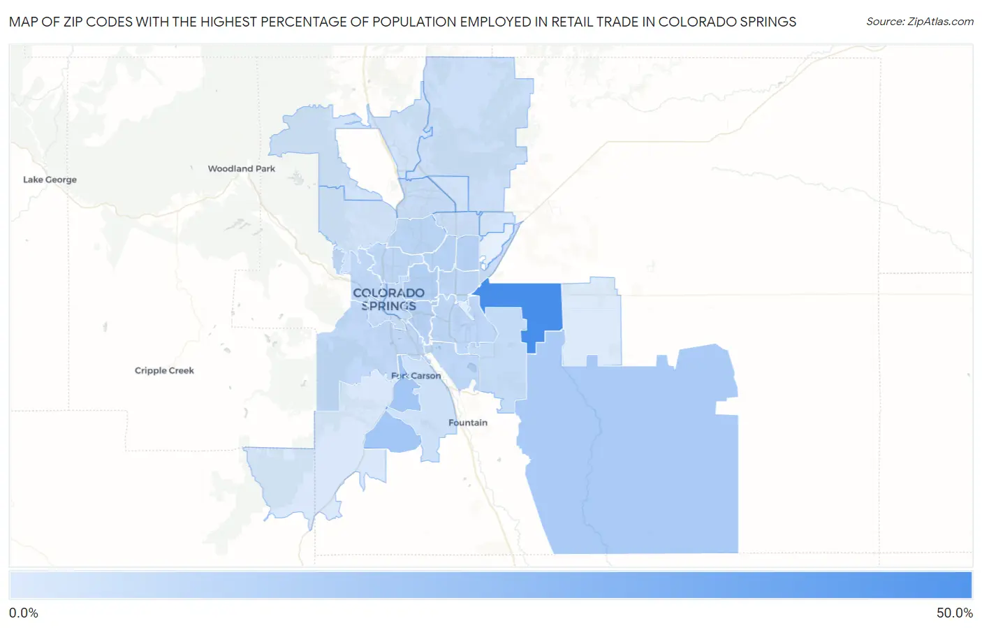Zip Codes with the Highest Percentage of Population Employed in Retail Trade in Colorado Springs Map
