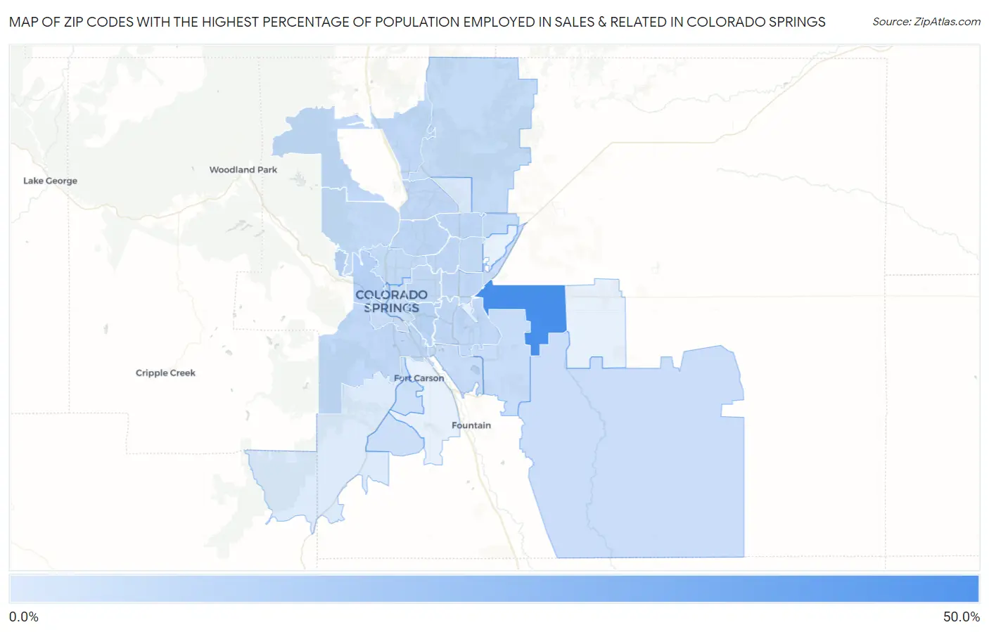Zip Codes with the Highest Percentage of Population Employed in Sales & Related in Colorado Springs Map