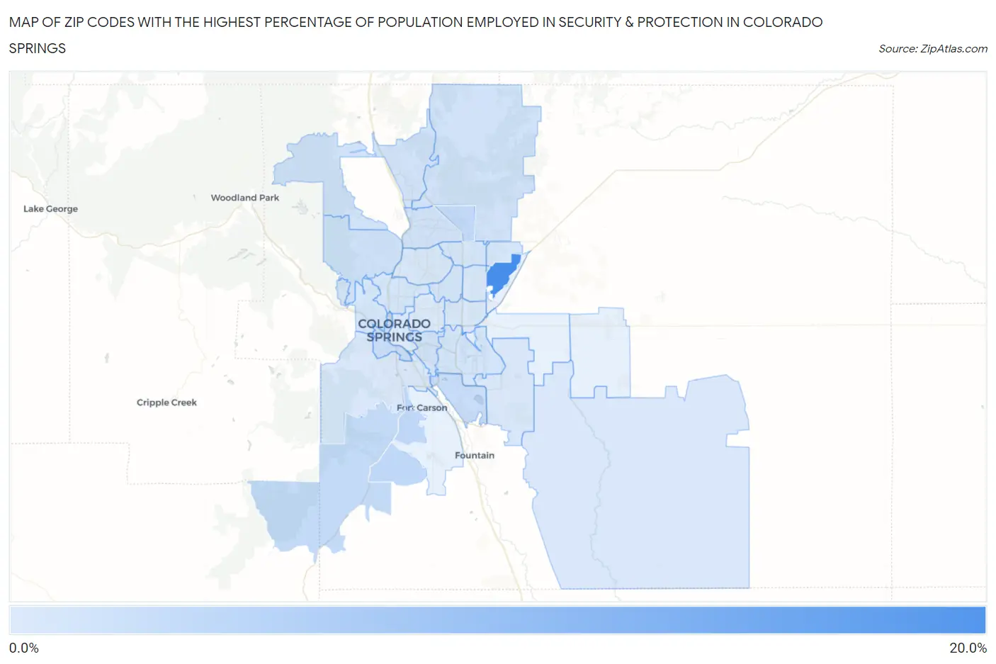 Zip Codes with the Highest Percentage of Population Employed in Security & Protection in Colorado Springs Map