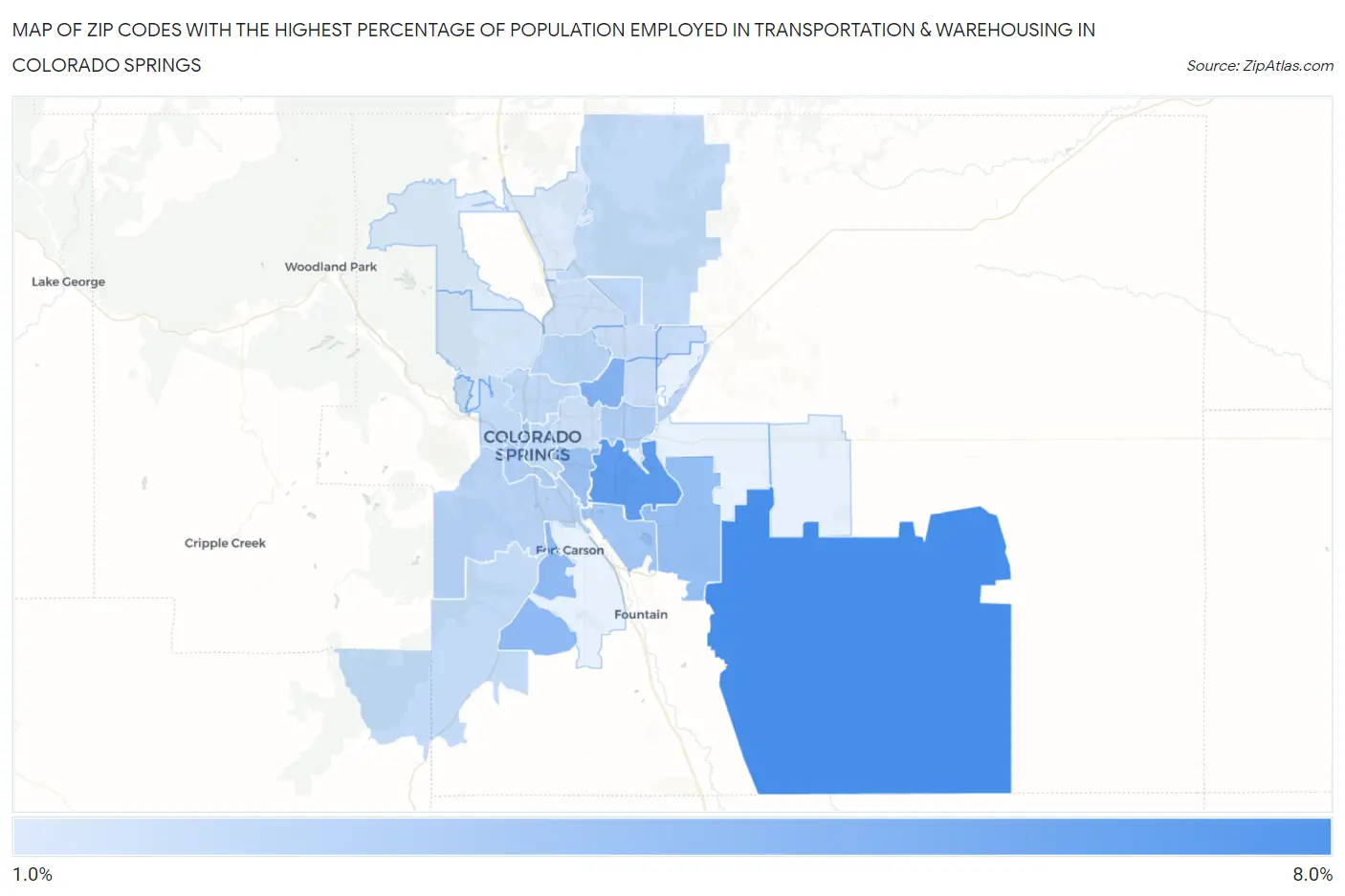 Zip Codes with the Highest Percentage of Population Employed in Transportation & Warehousing in Colorado Springs Map