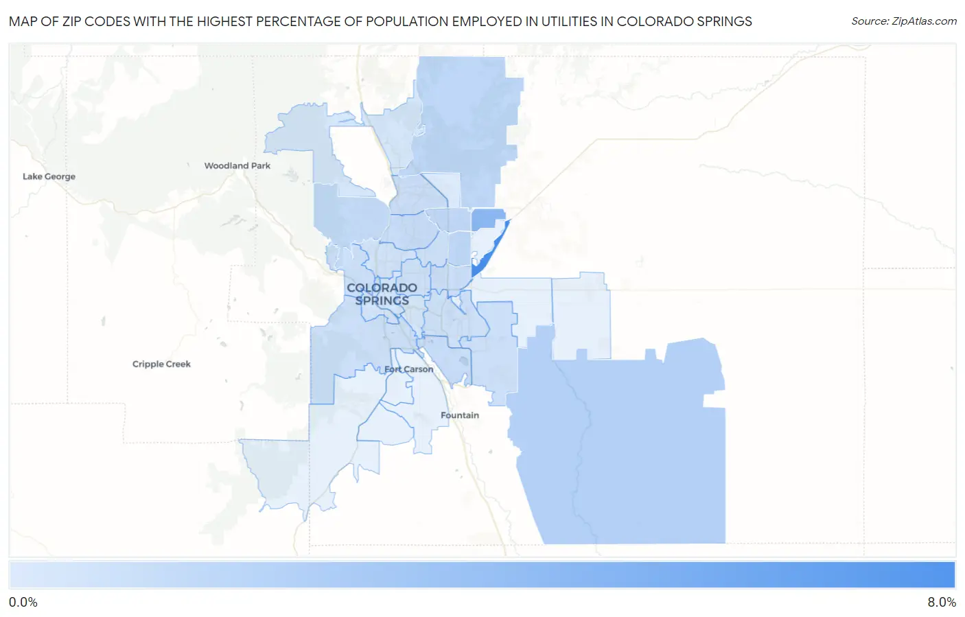 Zip Codes with the Highest Percentage of Population Employed in Utilities in Colorado Springs Map