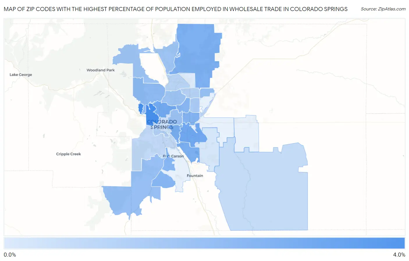 Zip Codes with the Highest Percentage of Population Employed in Wholesale Trade in Colorado Springs Map