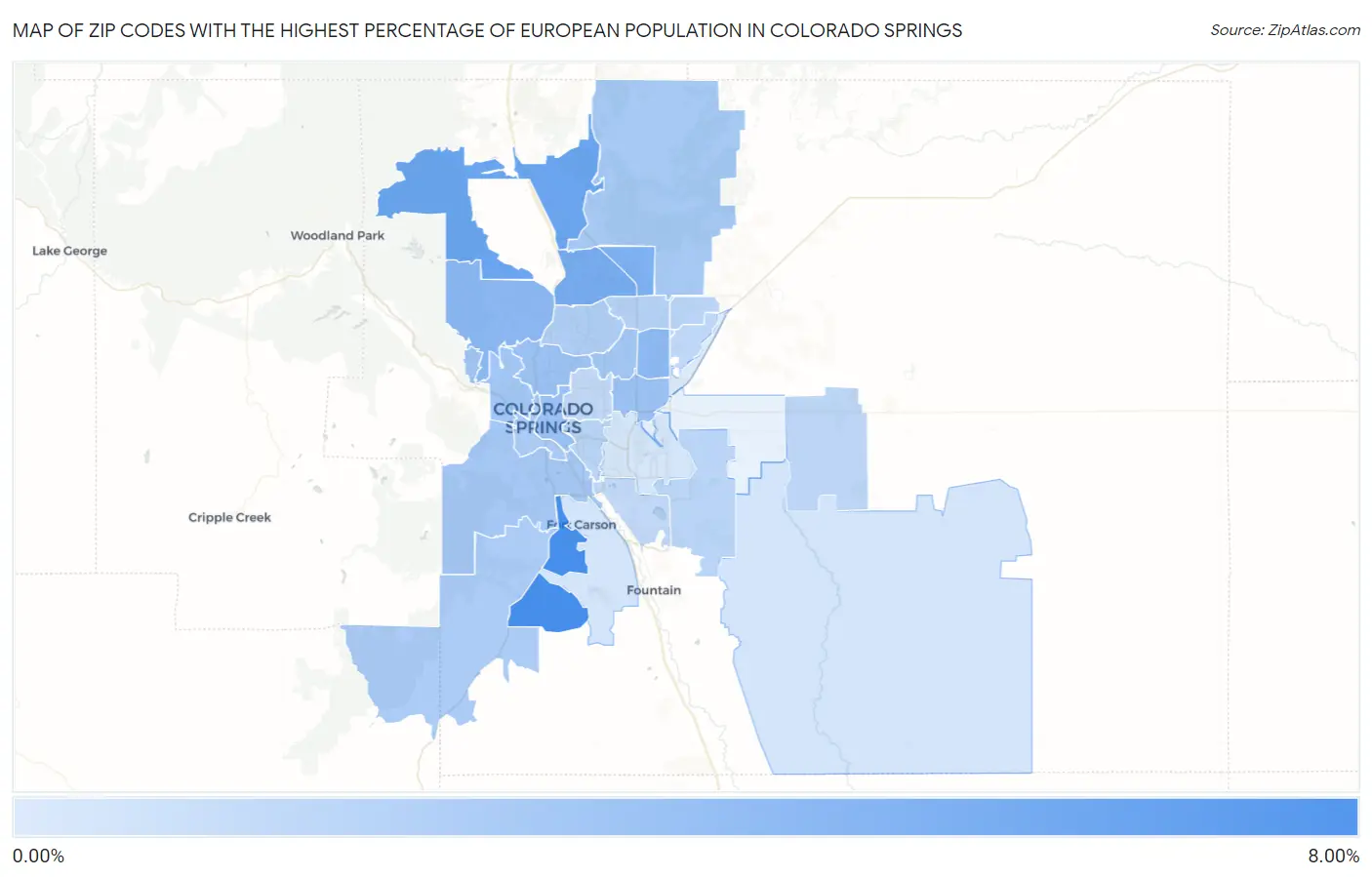 Zip Codes with the Highest Percentage of European Population in Colorado Springs Map