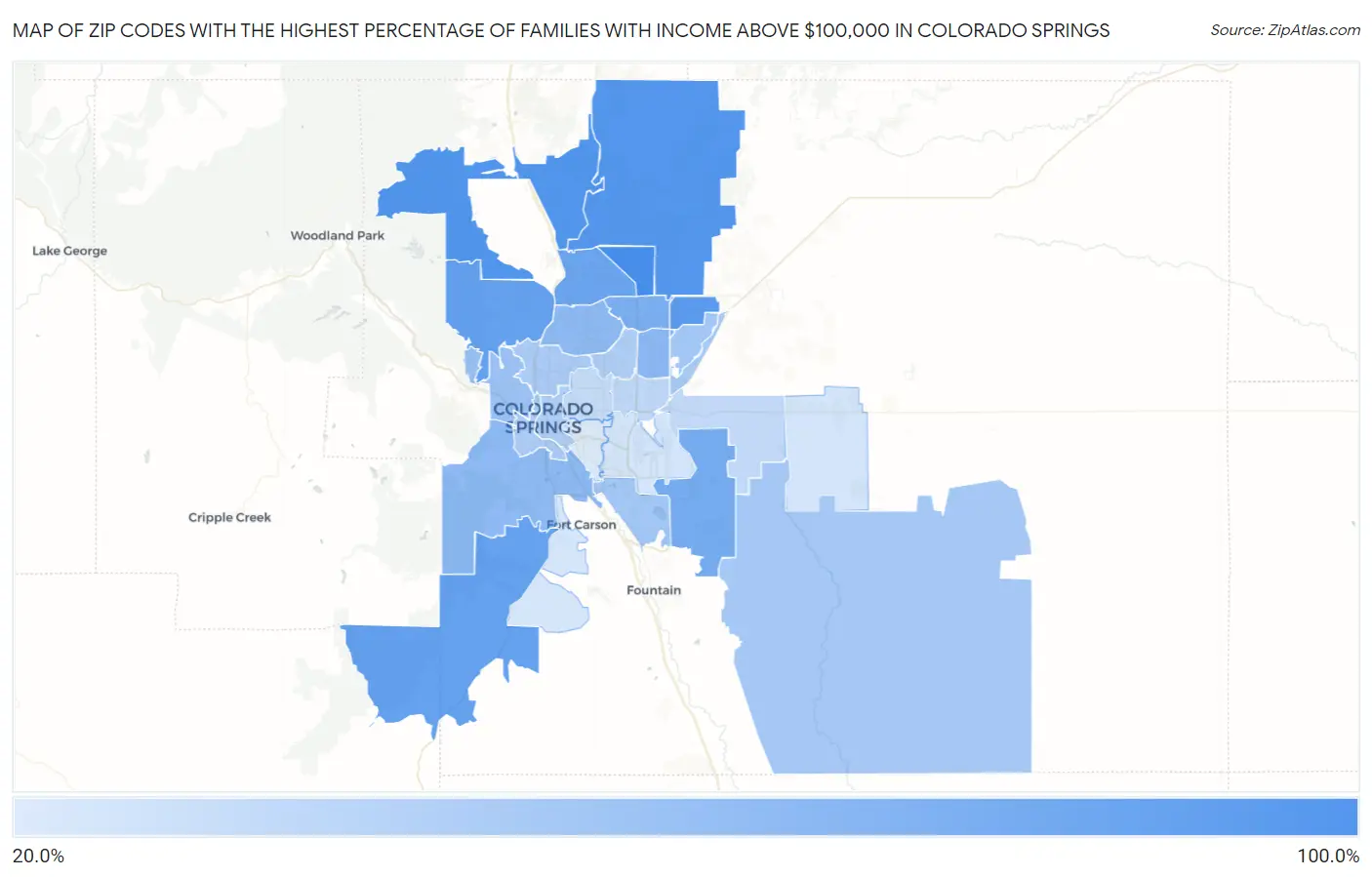 Zip Codes with the Highest Percentage of Families with Income Above $100,000 in Colorado Springs Map