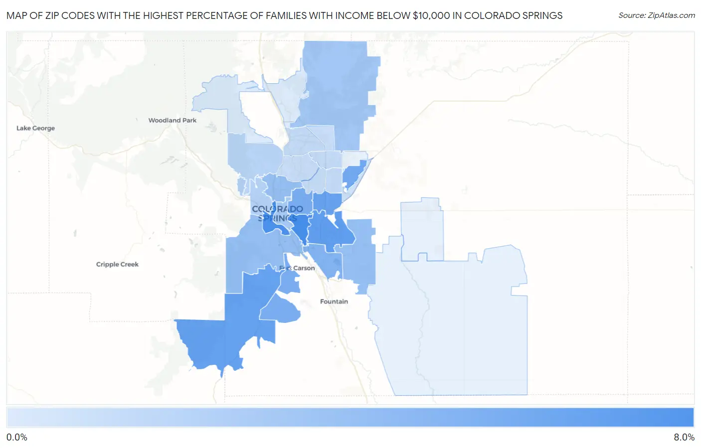 Zip Codes with the Highest Percentage of Families with Income Below $10,000 in Colorado Springs Map