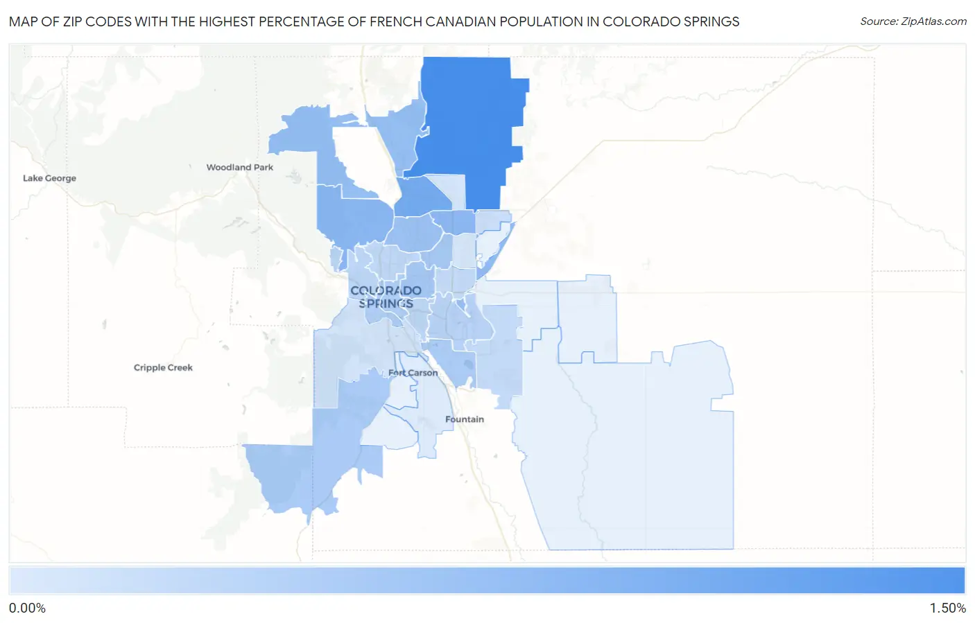 Zip Codes with the Highest Percentage of French Canadian Population in Colorado Springs Map