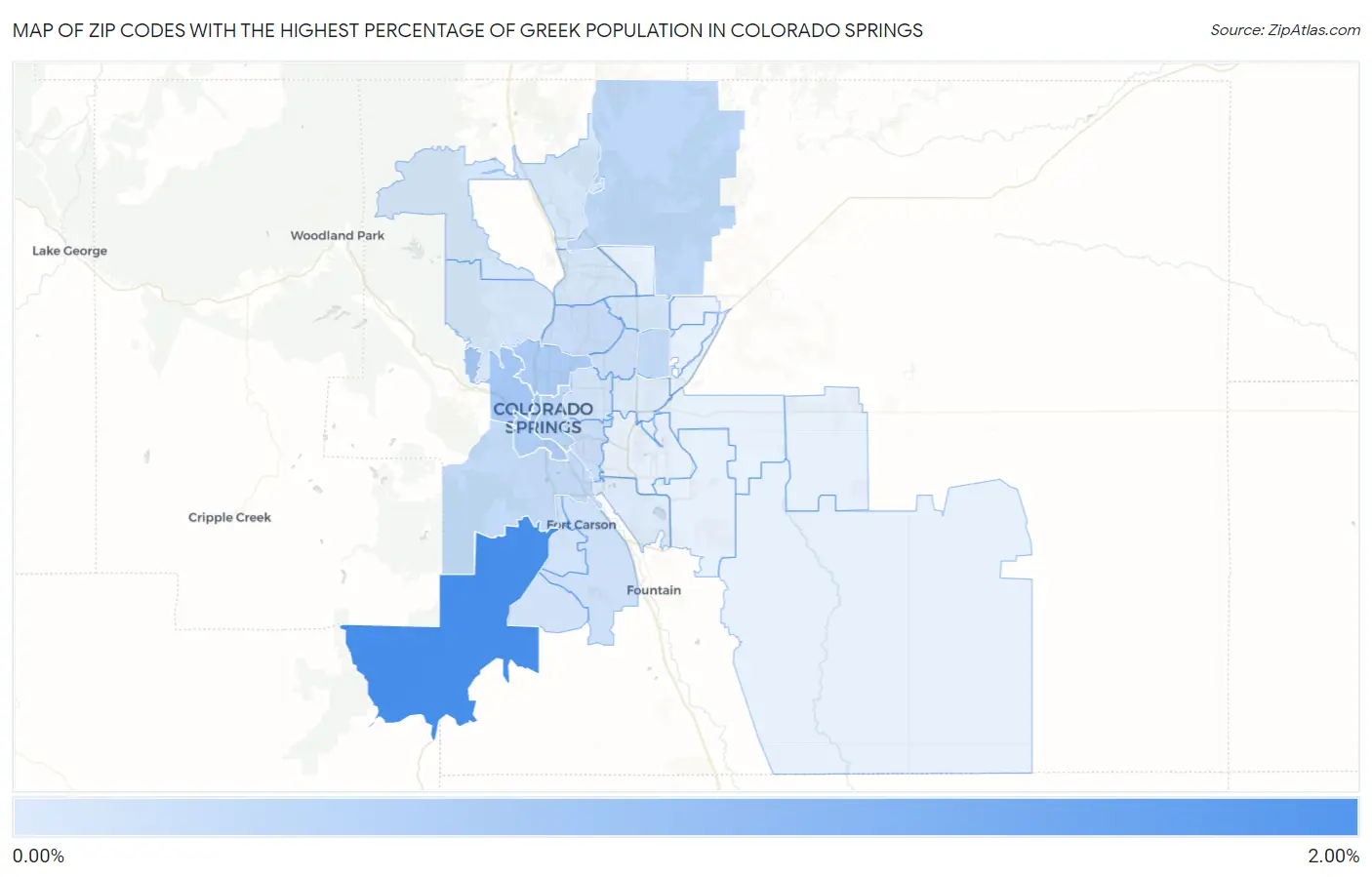 Zip Codes with the Highest Percentage of Greek Population in Colorado Springs Map