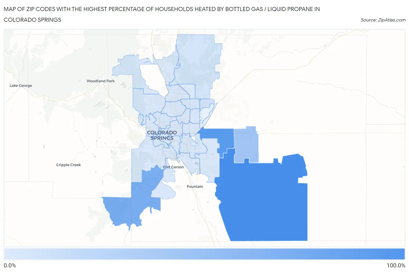 Zip Codes with the Highest Percentage of Households Heated by Bottled Gas / Liquid Propane in Colorado Springs Map