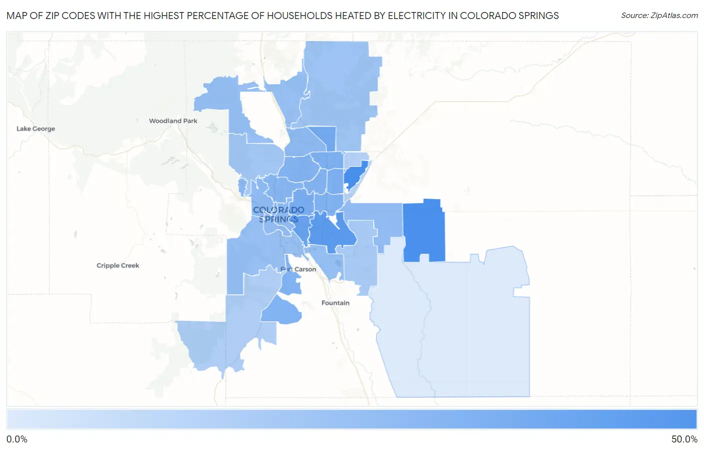 Zip Codes with the Highest Percentage of Households Heated by Electricity in Colorado Springs Map