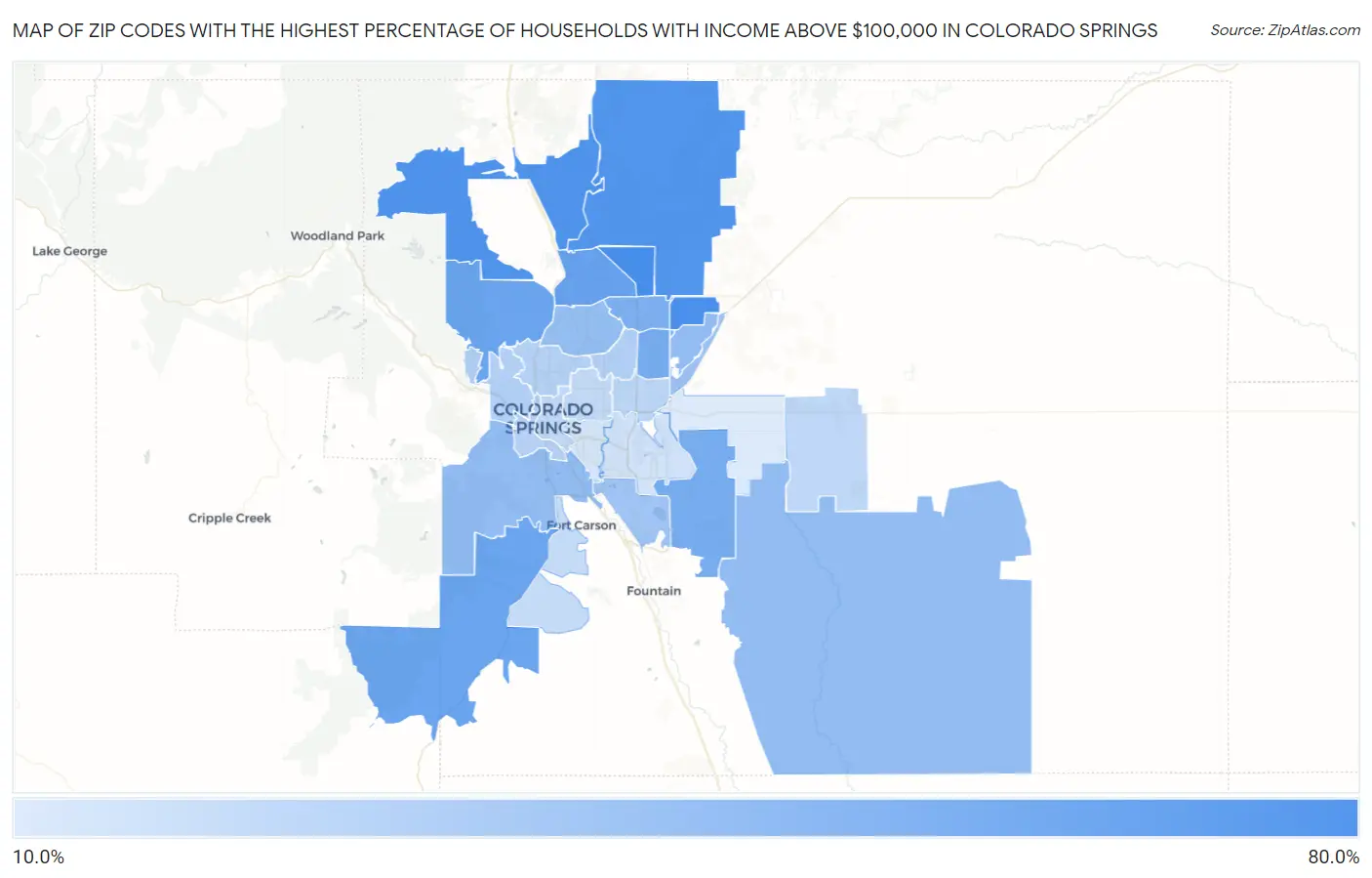 Zip Codes with the Highest Percentage of Households with Income Above $100,000 in Colorado Springs Map