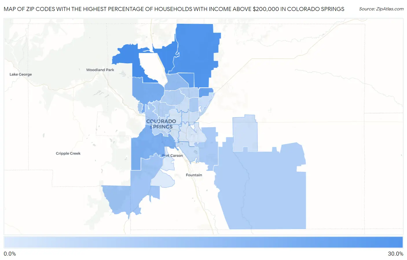 Zip Codes with the Highest Percentage of Households with Income Above $200,000 in Colorado Springs Map
