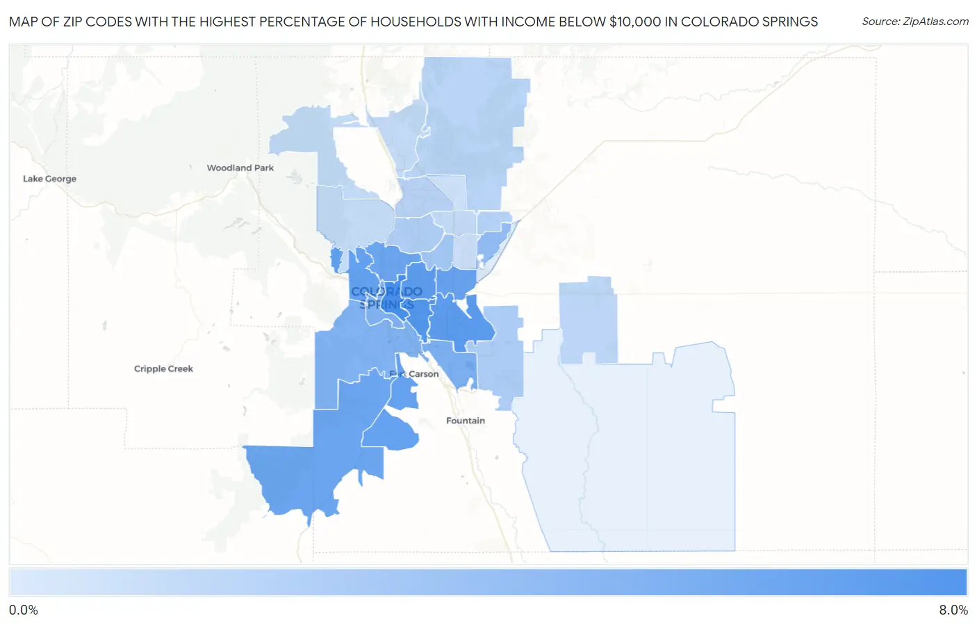Zip Codes with the Highest Percentage of Households with Income Below $10,000 in Colorado Springs Map
