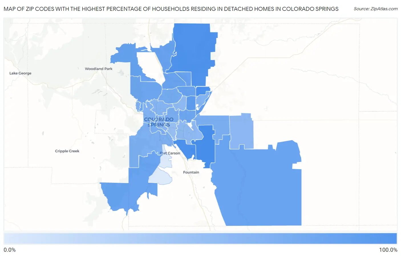 Zip Codes with the Highest Percentage of Households Residing in Detached Homes in Colorado Springs Map