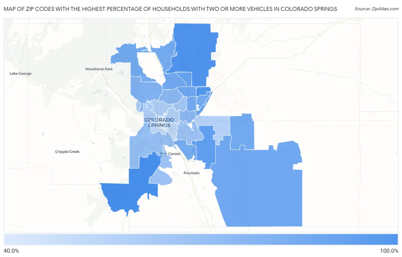Zip Codes with the Highest Percentage of Households With Two or more Vehicles in Colorado Springs Map