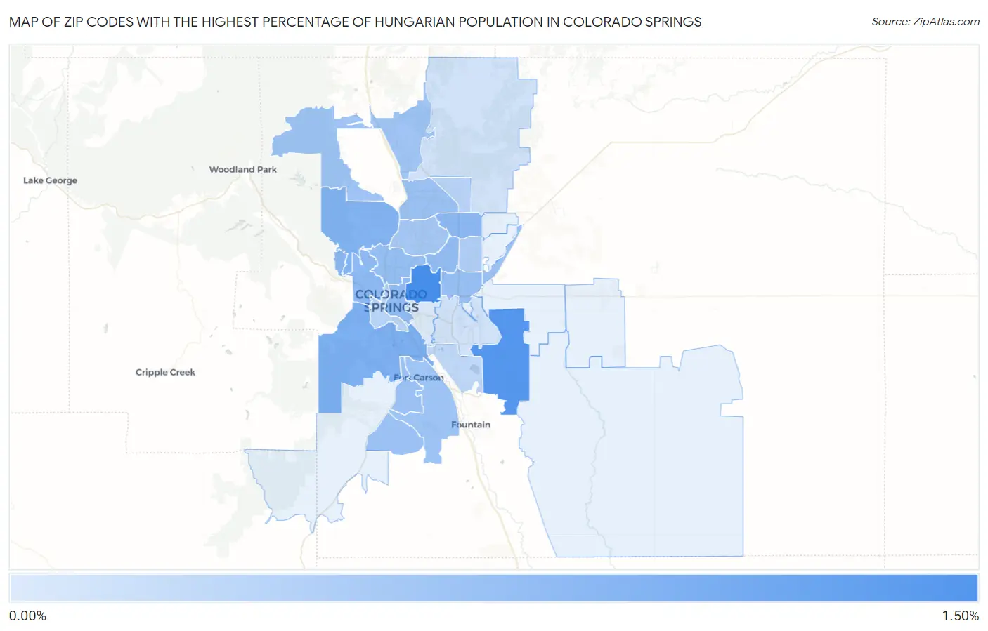Zip Codes with the Highest Percentage of Hungarian Population in Colorado Springs Map