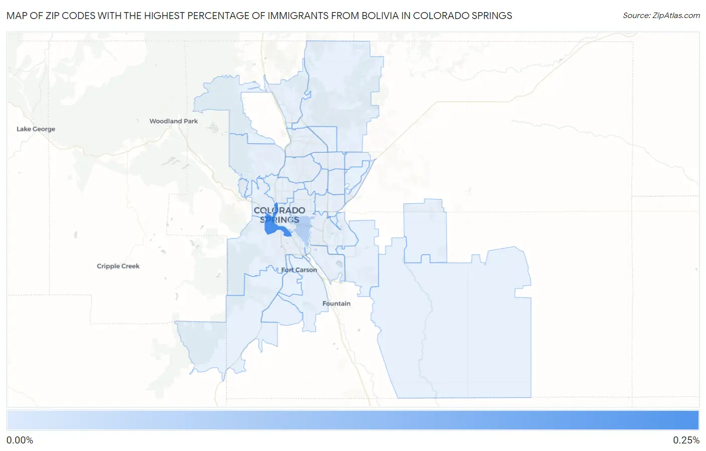 Zip Codes with the Highest Percentage of Immigrants from Bolivia in Colorado Springs Map