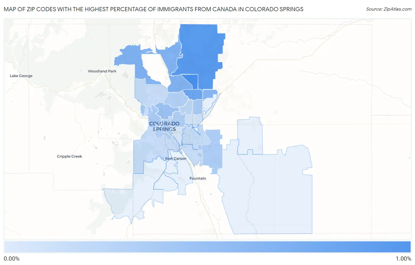 Zip Codes with the Highest Percentage of Immigrants from Canada in Colorado Springs Map