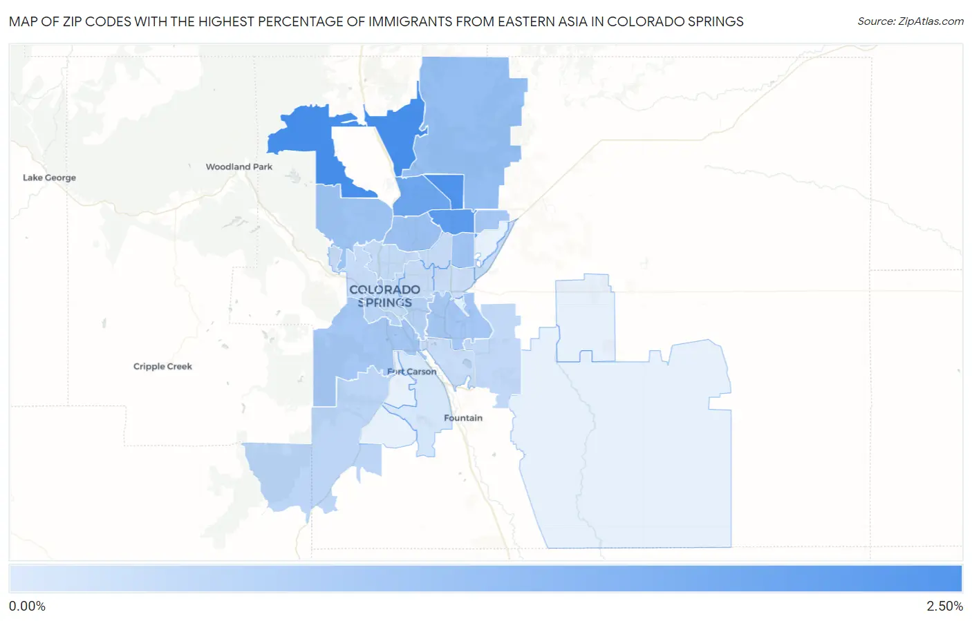 Zip Codes with the Highest Percentage of Immigrants from Eastern Asia in Colorado Springs Map