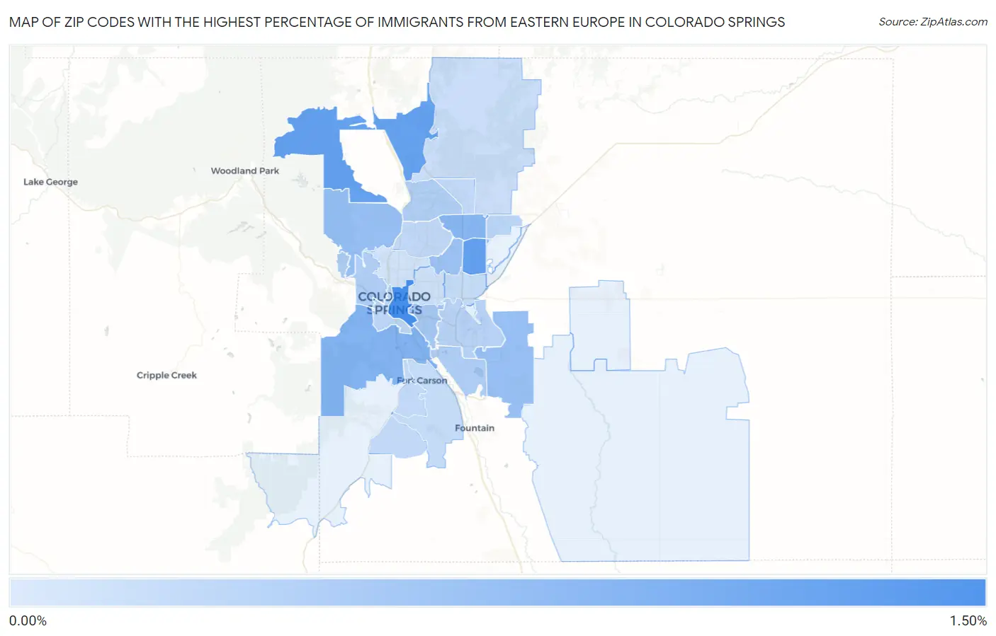 Zip Codes with the Highest Percentage of Immigrants from Eastern Europe in Colorado Springs Map