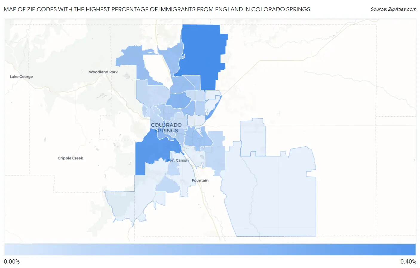 Zip Codes with the Highest Percentage of Immigrants from England in Colorado Springs Map