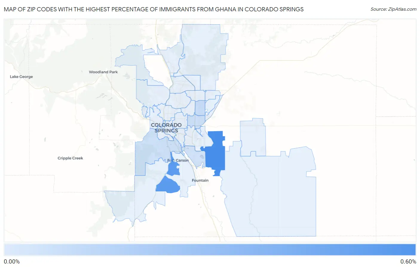 Zip Codes with the Highest Percentage of Immigrants from Ghana in Colorado Springs Map