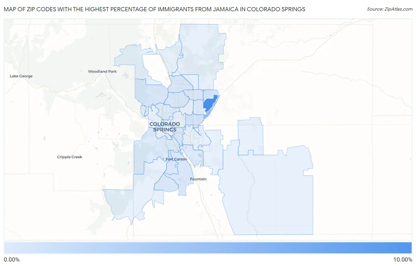 Zip Codes with the Highest Percentage of Immigrants from Jamaica in Colorado Springs Map