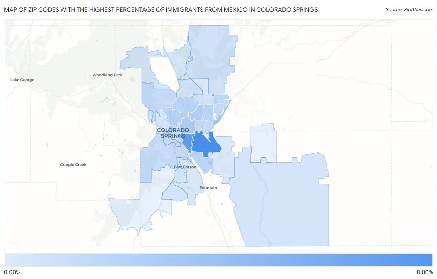 Zip Codes with the Highest Percentage of Immigrants from Mexico in Colorado Springs Map
