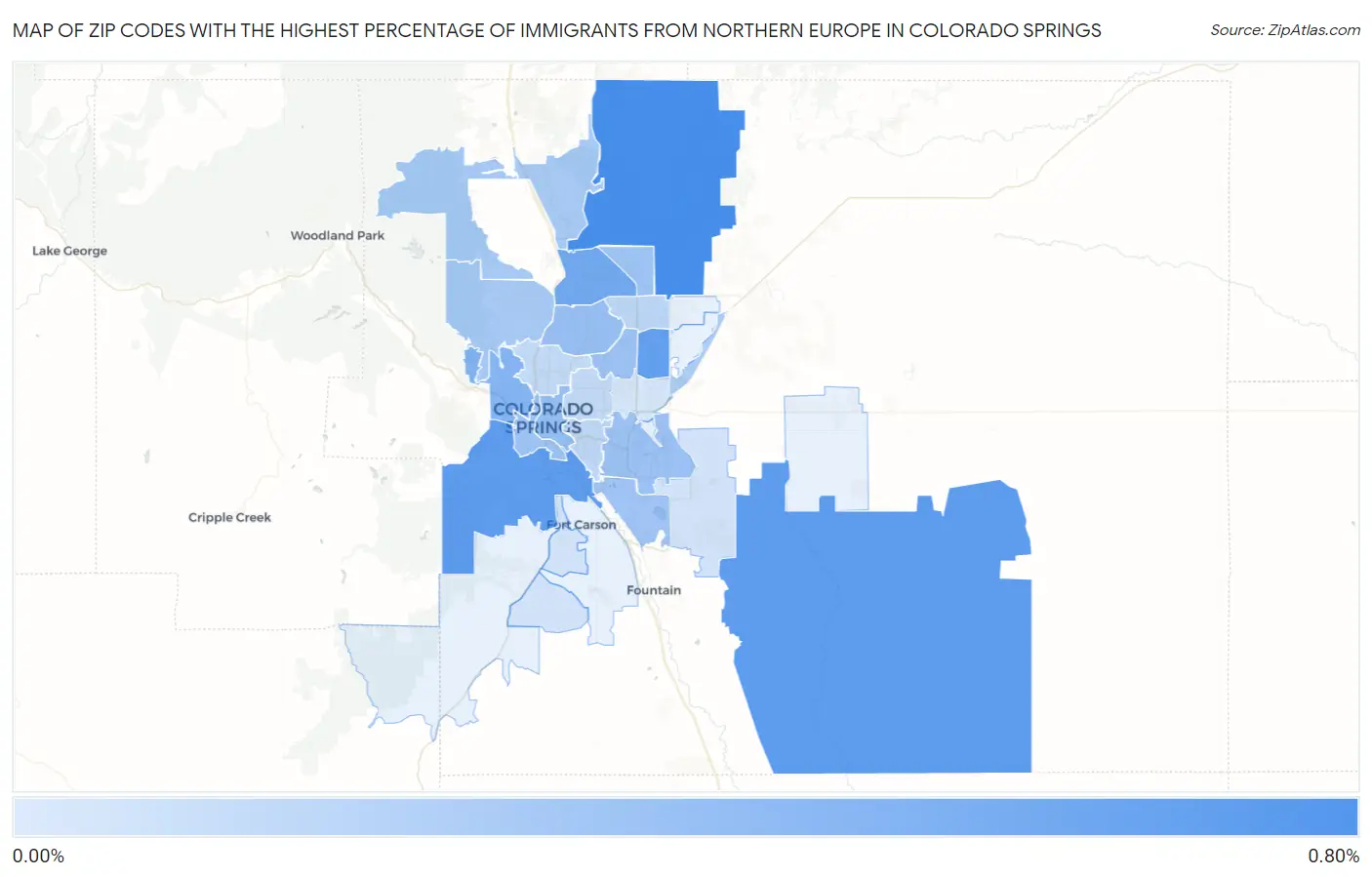 Zip Codes with the Highest Percentage of Immigrants from Northern Europe in Colorado Springs Map