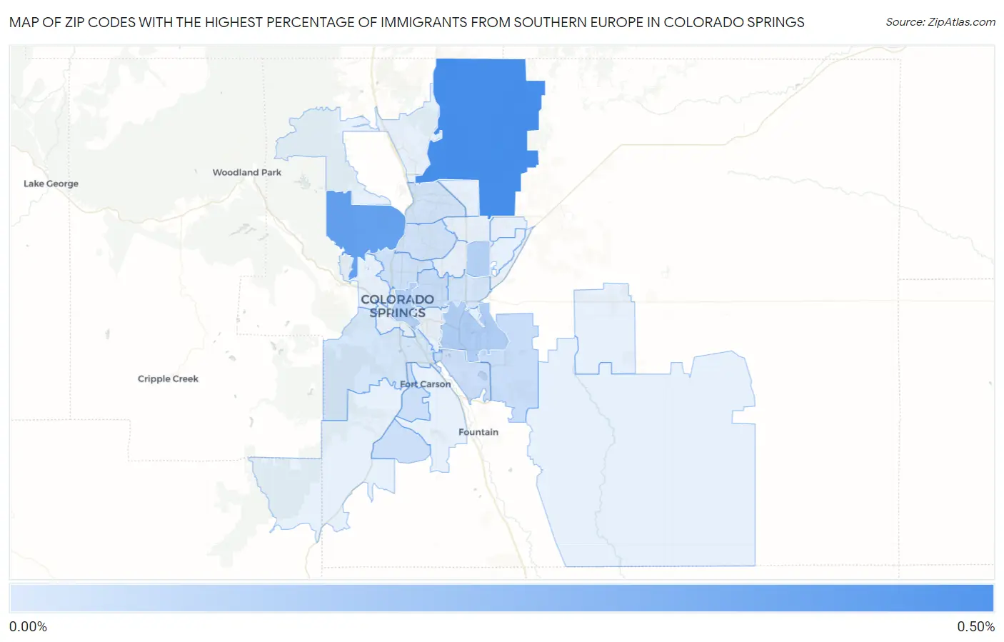 Zip Codes with the Highest Percentage of Immigrants from Southern Europe in Colorado Springs Map