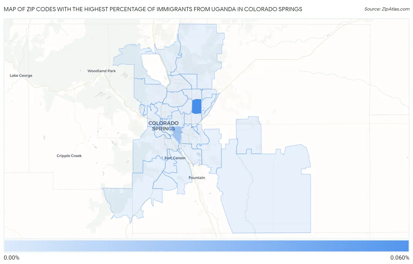 Zip Codes with the Highest Percentage of Immigrants from Uganda in Colorado Springs Map