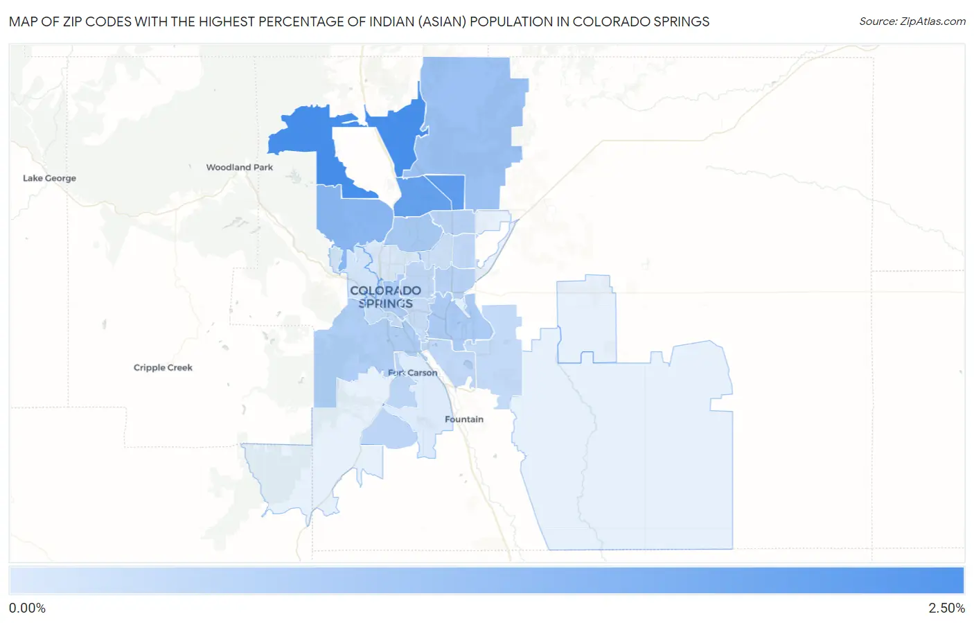 Zip Codes with the Highest Percentage of Indian (Asian) Population in Colorado Springs Map