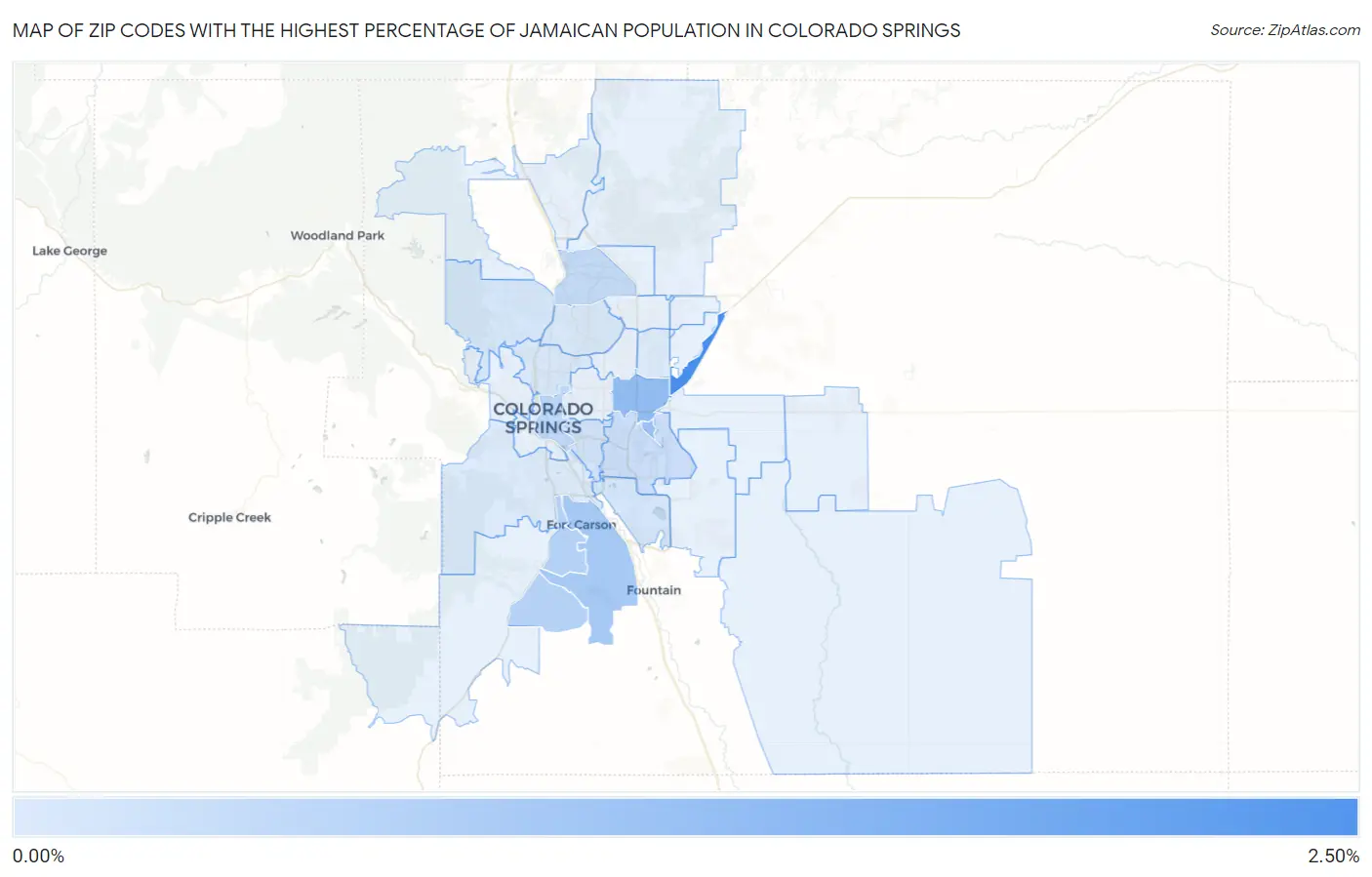 Zip Codes with the Highest Percentage of Jamaican Population in Colorado Springs Map