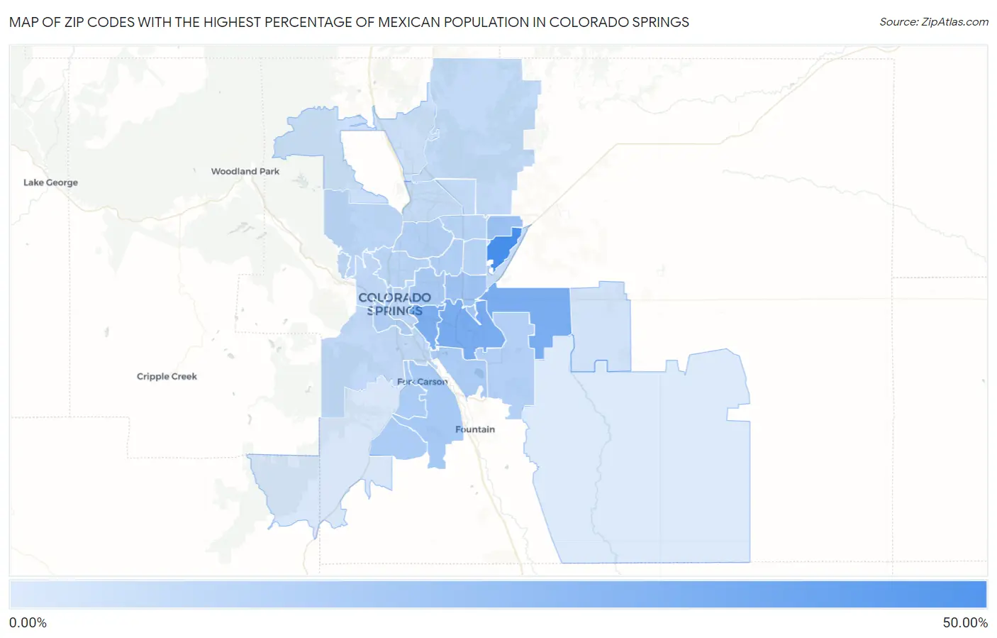 Zip Codes with the Highest Percentage of Mexican Population in Colorado Springs Map