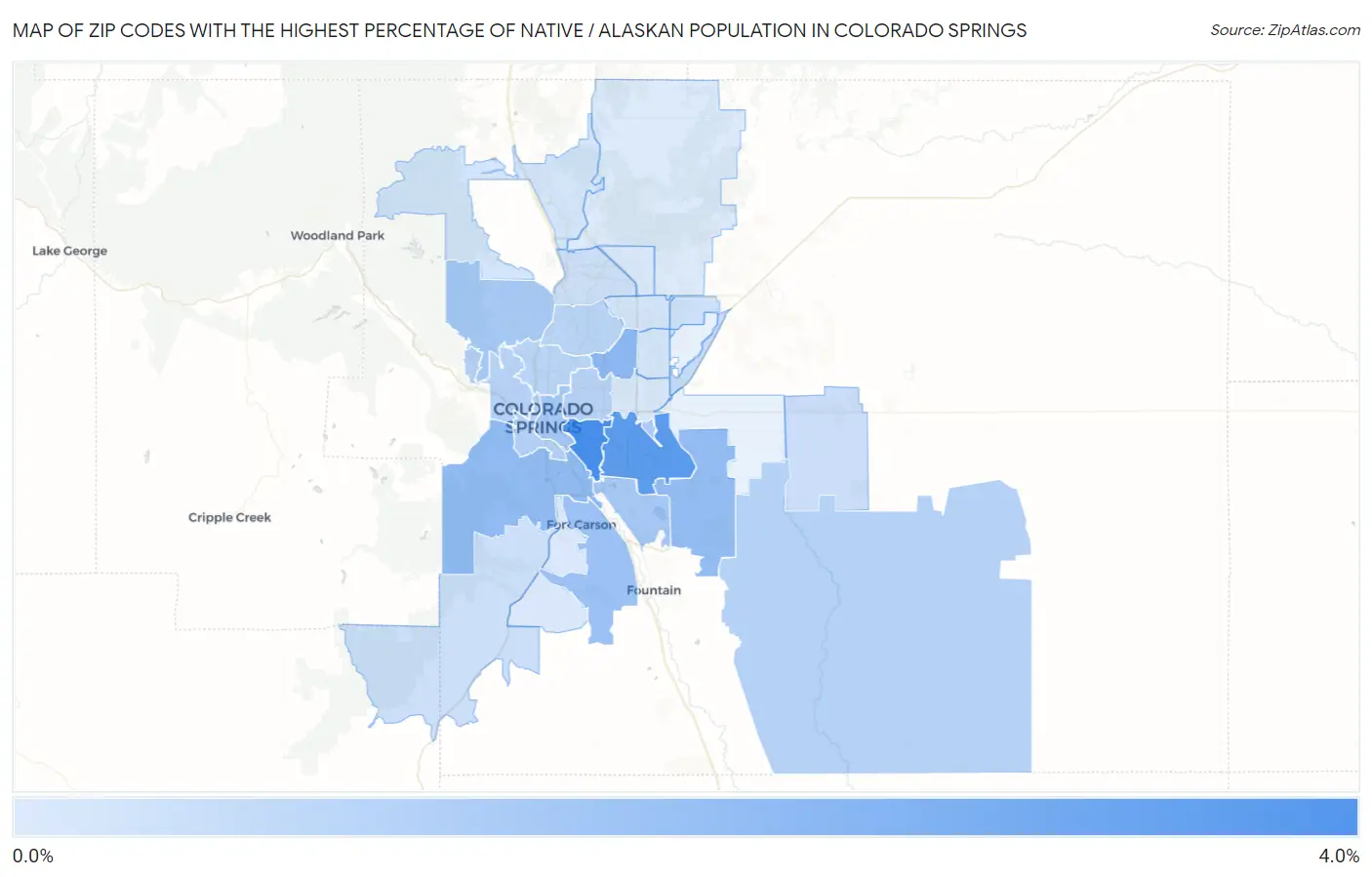 Zip Codes with the Highest Percentage of Native / Alaskan Population in Colorado Springs Map