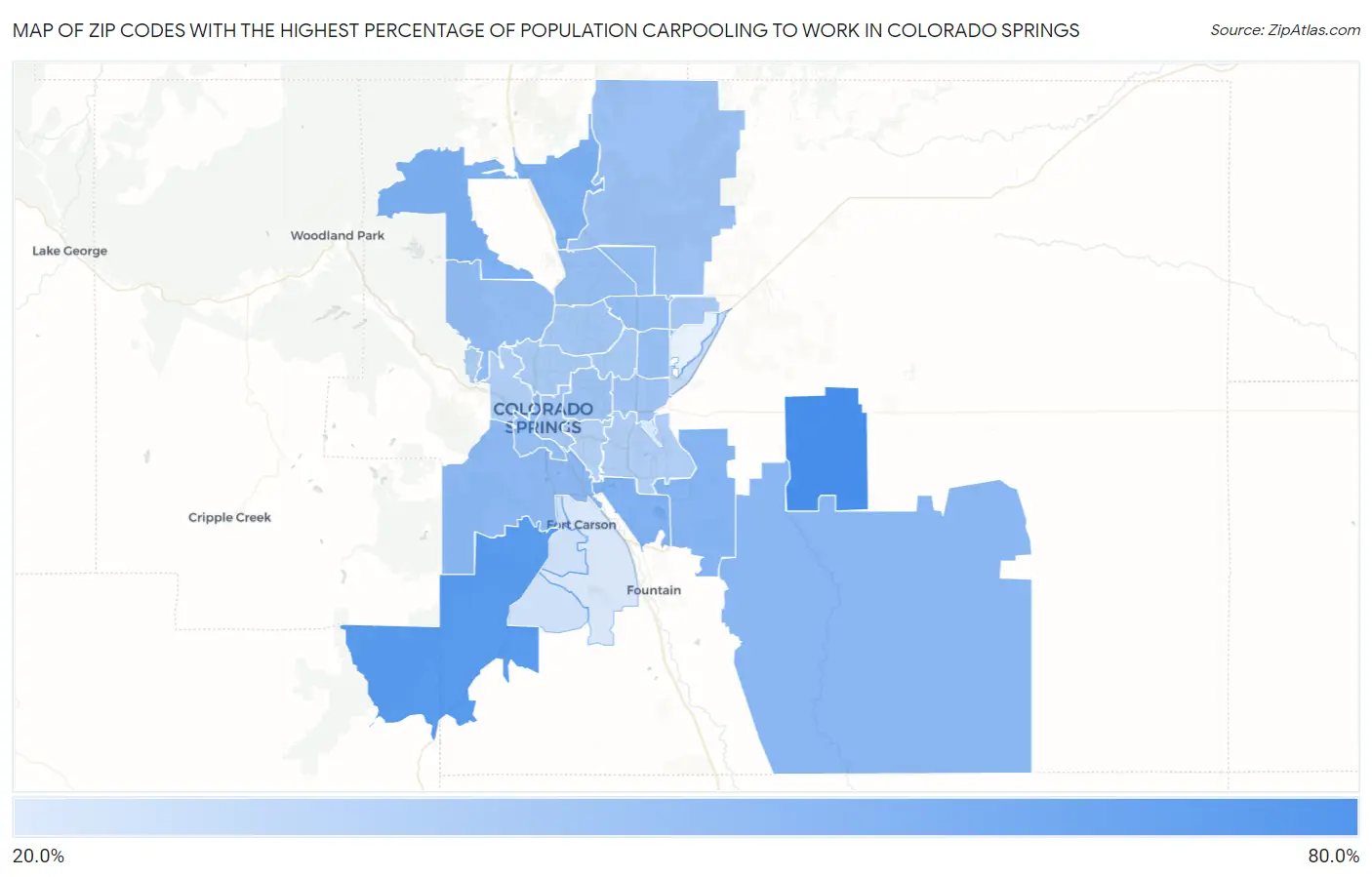 Zip Codes with the Highest Percentage of Population Carpooling to Work in Colorado Springs Map