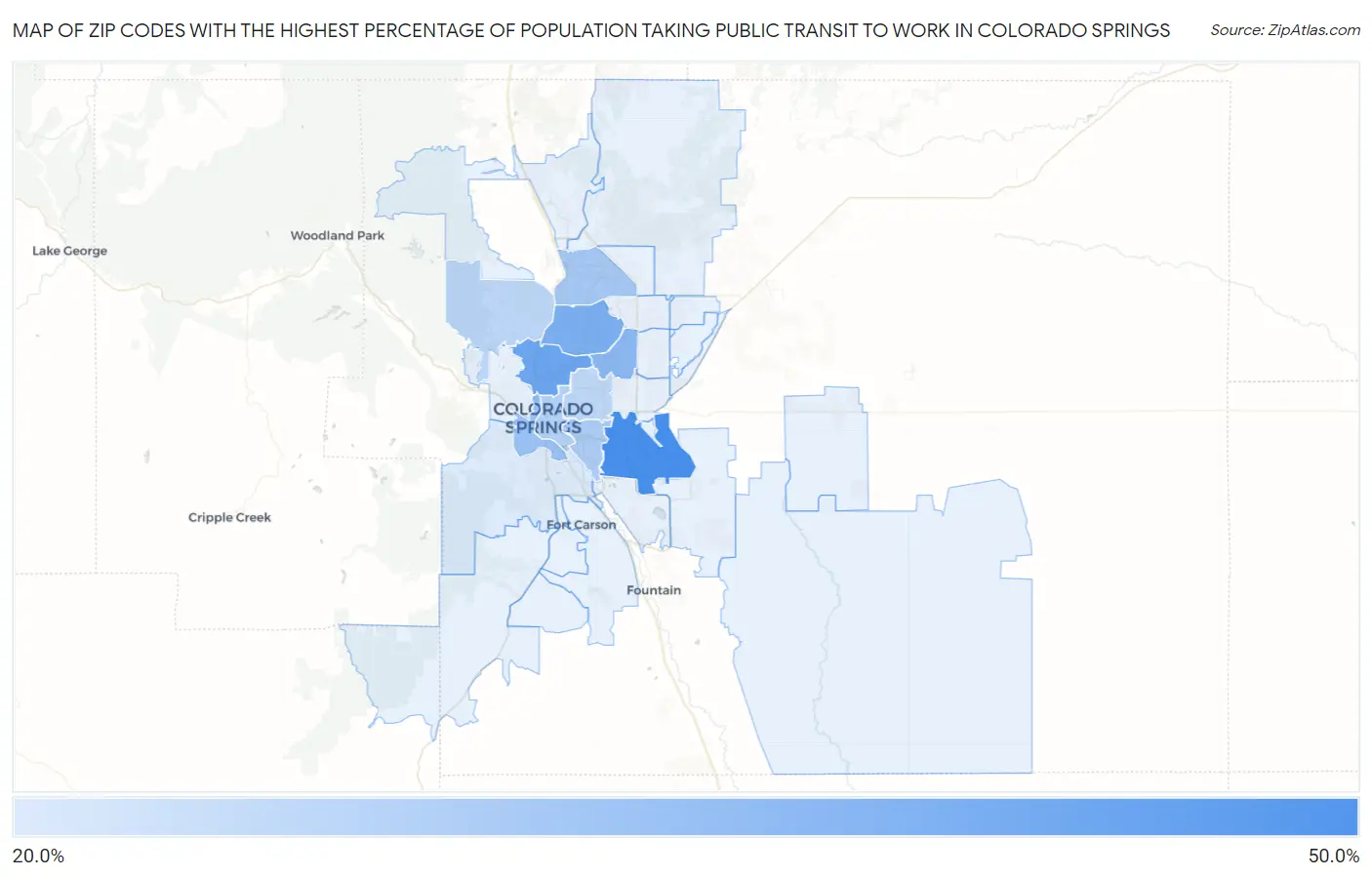Zip Codes with the Highest Percentage of Population Taking Public Transit to Work in Colorado Springs Map