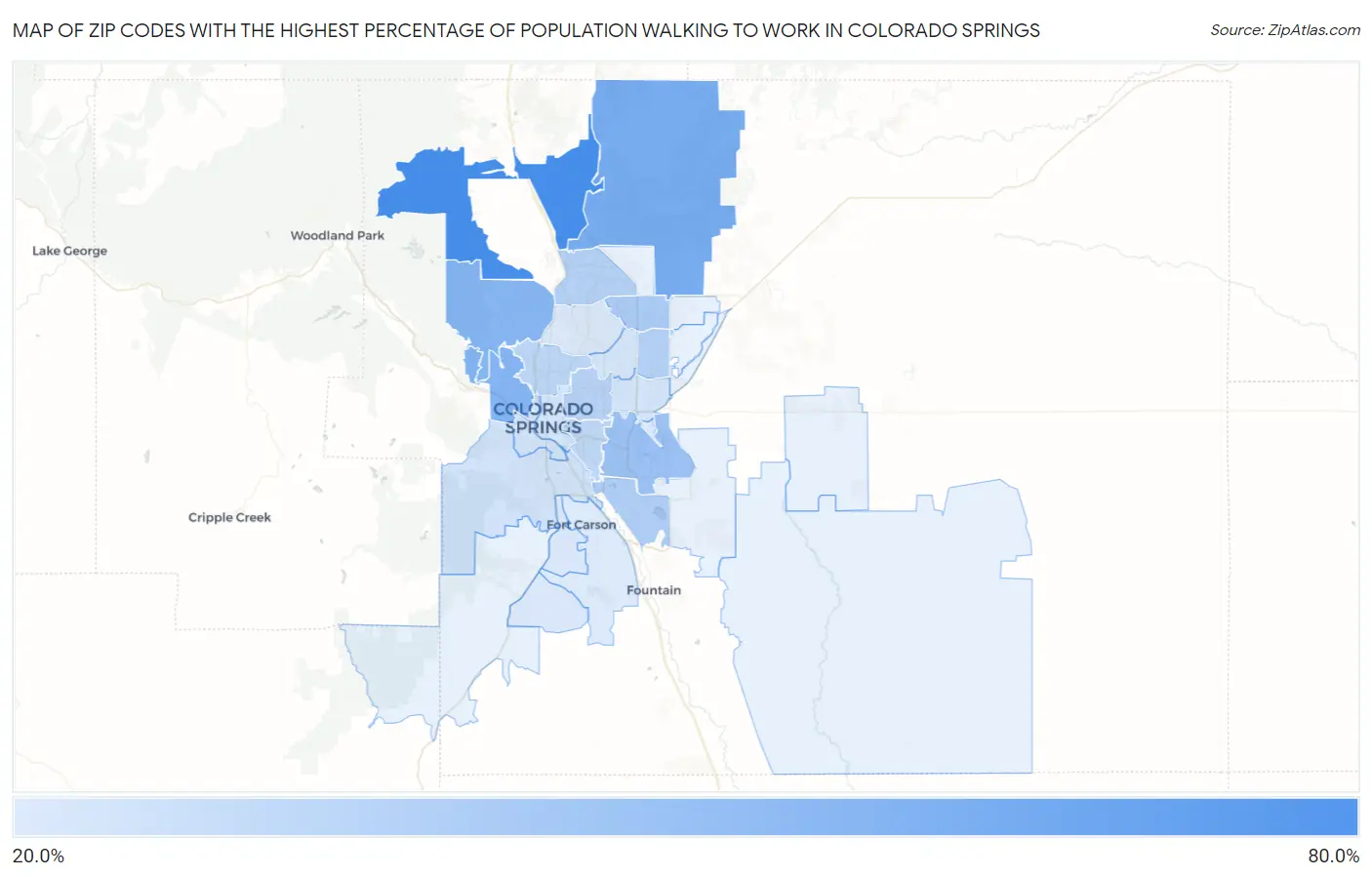 Zip Codes with the Highest Percentage of Population Walking to Work in Colorado Springs Map
