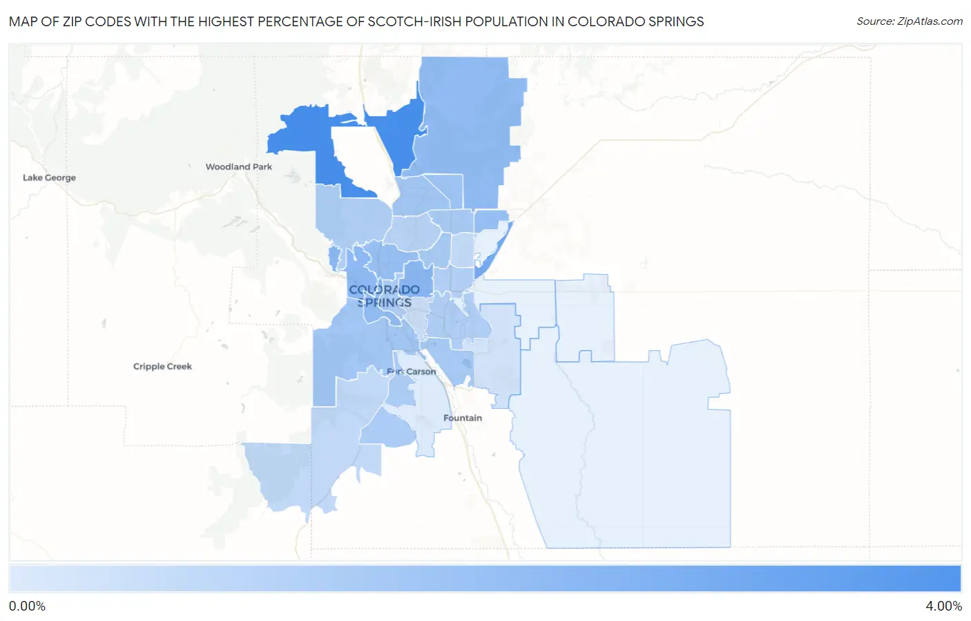 Zip Codes with the Highest Percentage of Scotch-Irish Population in Colorado Springs Map