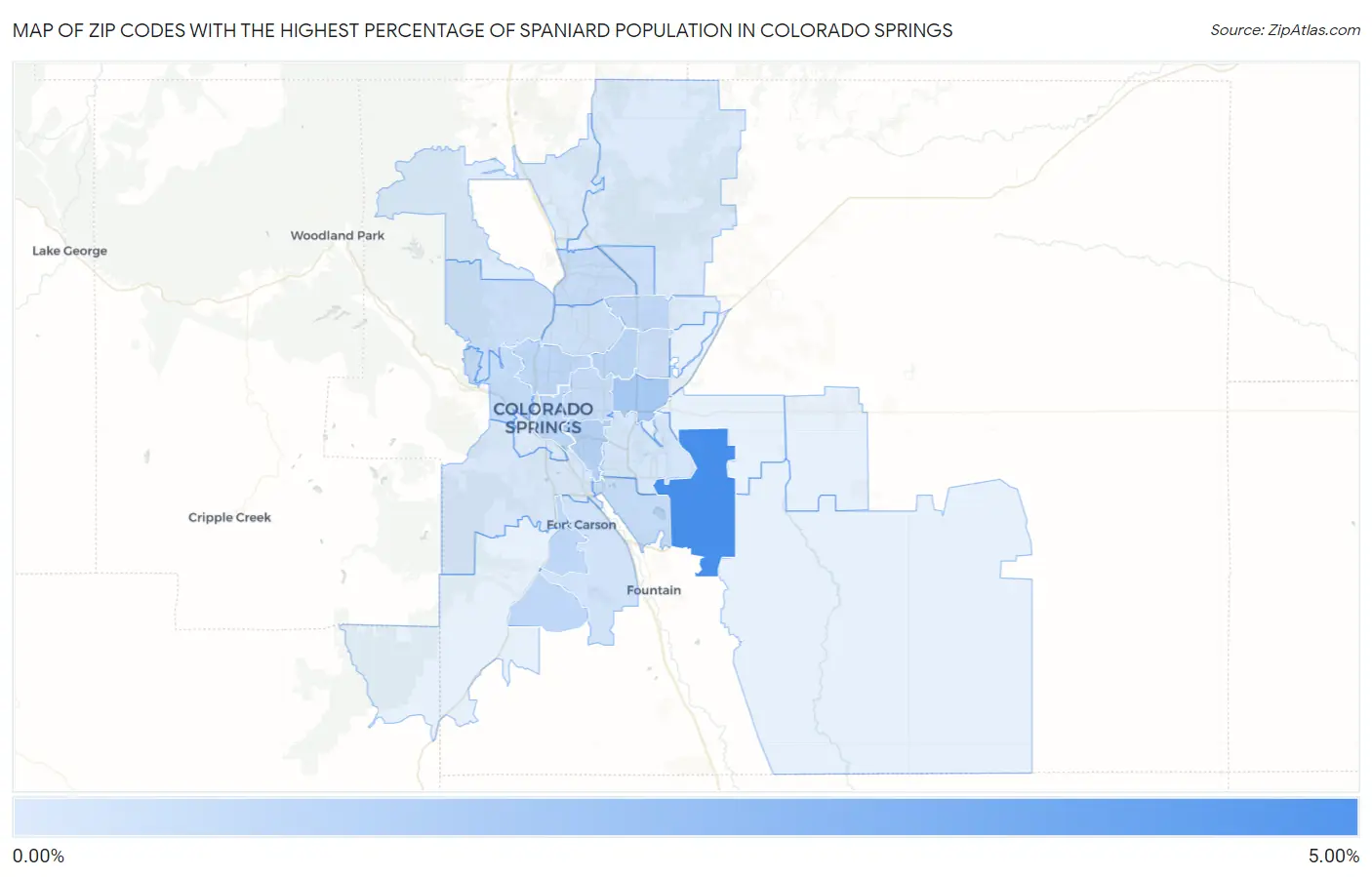 Zip Codes with the Highest Percentage of Spaniard Population in Colorado Springs Map