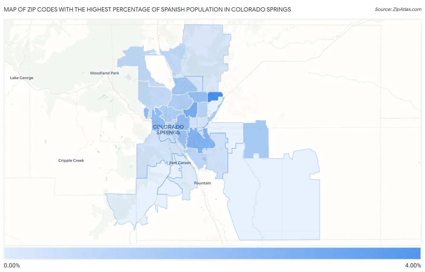 Zip Codes with the Highest Percentage of Spanish Population in Colorado Springs Map