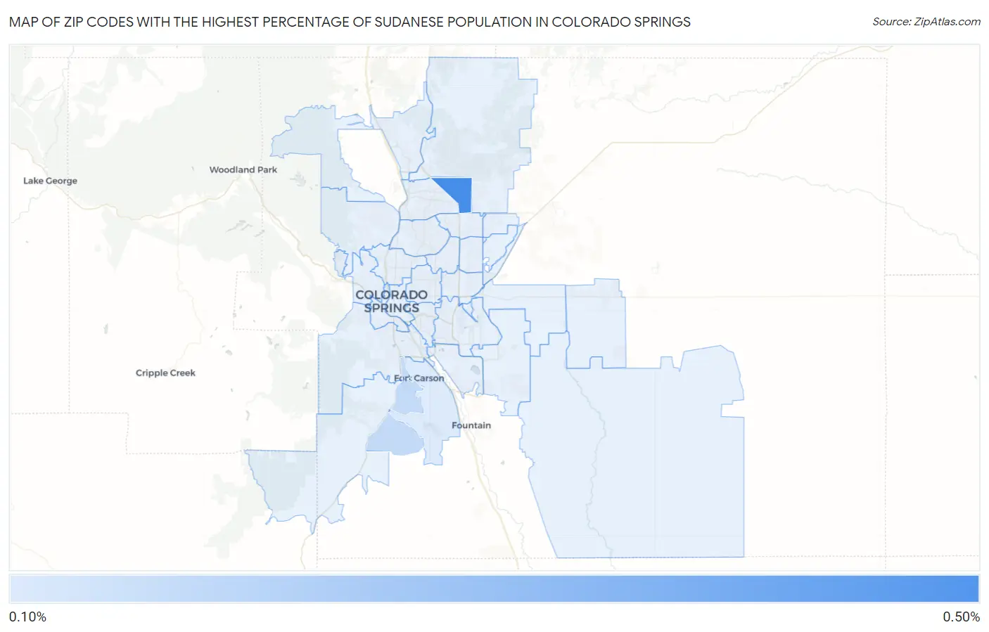 Zip Codes with the Highest Percentage of Sudanese Population in Colorado Springs Map