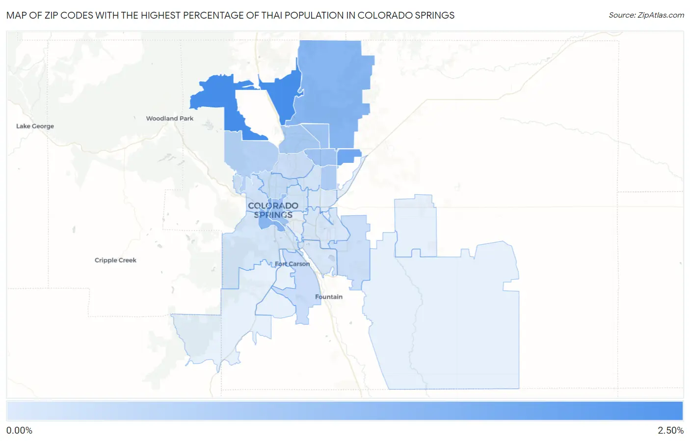 Zip Codes with the Highest Percentage of Thai Population in Colorado Springs Map