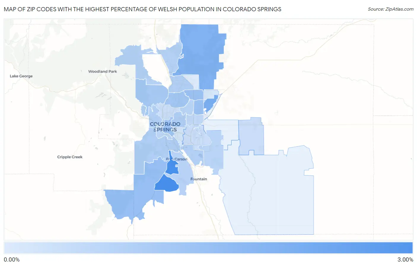 Zip Codes with the Highest Percentage of Welsh Population in Colorado Springs Map