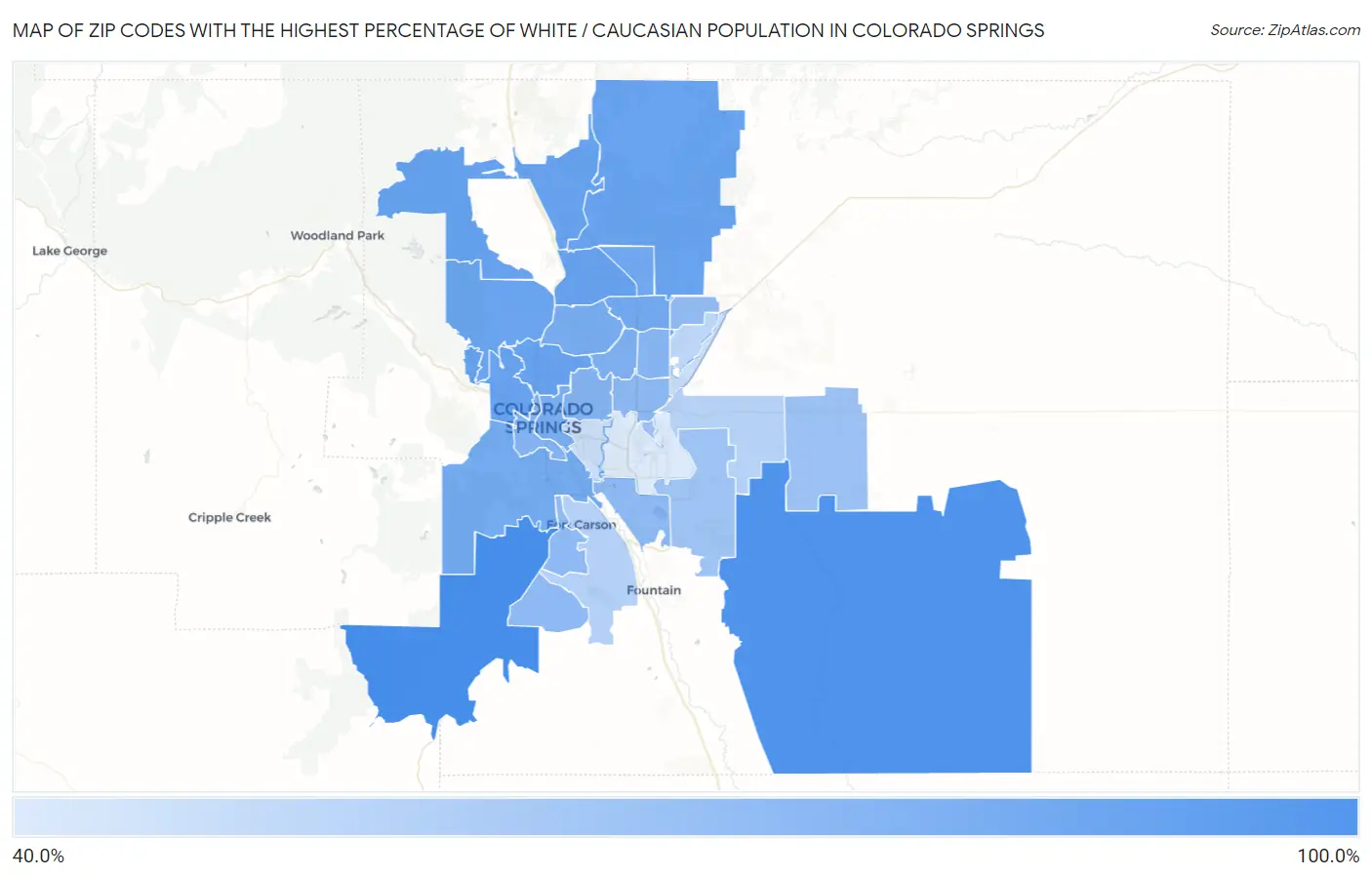 Zip Codes with the Highest Percentage of White / Caucasian Population in Colorado Springs Map