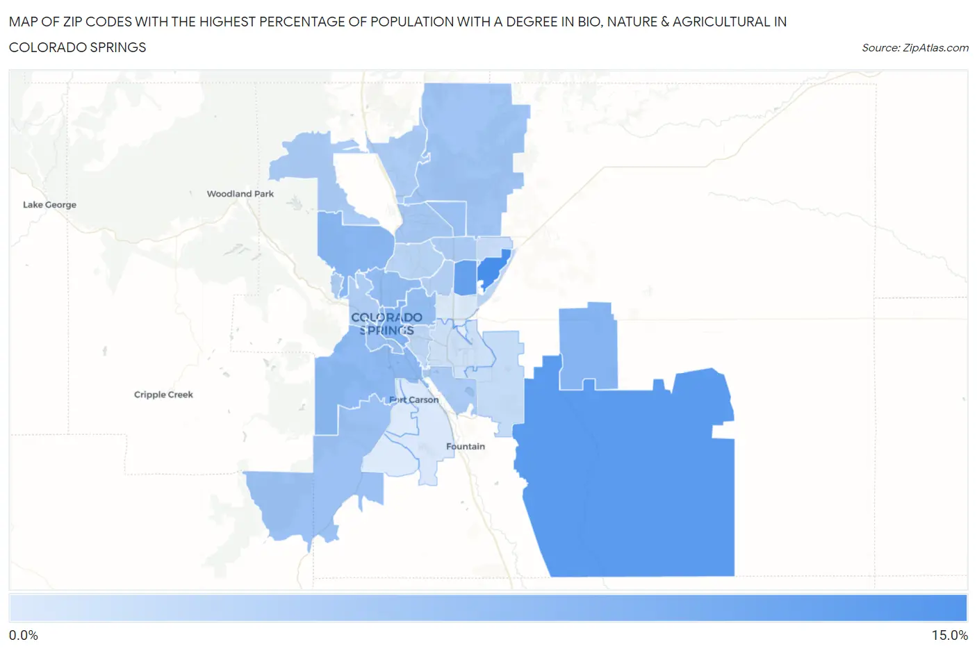 Zip Codes with the Highest Percentage of Population with a Degree in Bio, Nature & Agricultural in Colorado Springs Map