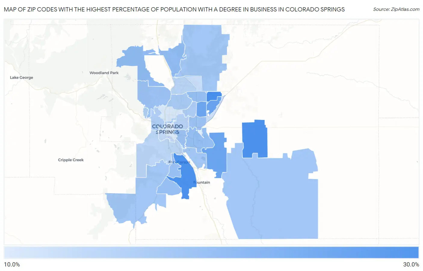 Zip Codes with the Highest Percentage of Population with a Degree in Business in Colorado Springs Map
